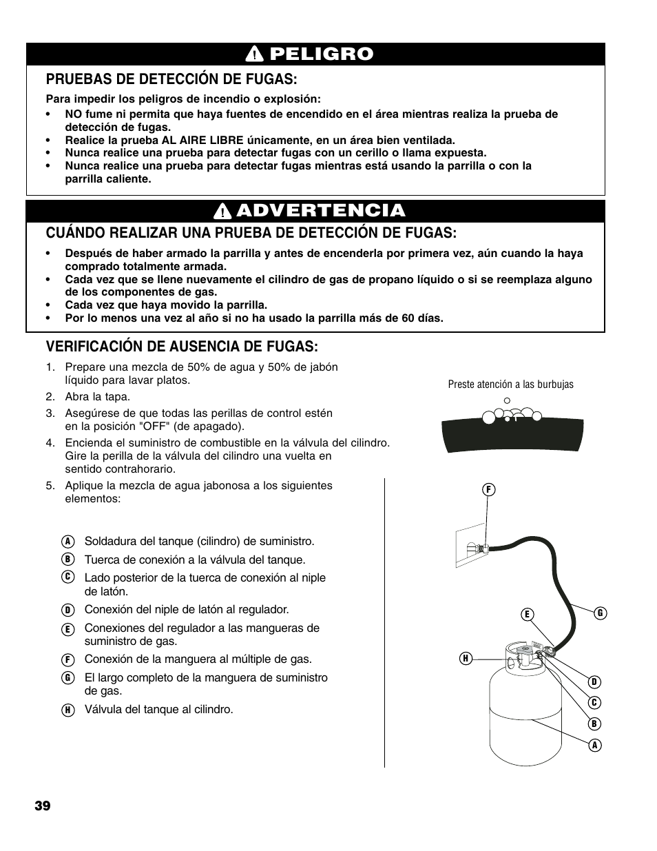 Advertencia peligro, Pruebas de detección de fugas, Cuándo realizar una prueba de detección de fugas | Verificación de ausencia de fugas | Brinkmann Stainless Steel 4 Burner Gas Grill User Manual | Page 40 / 64