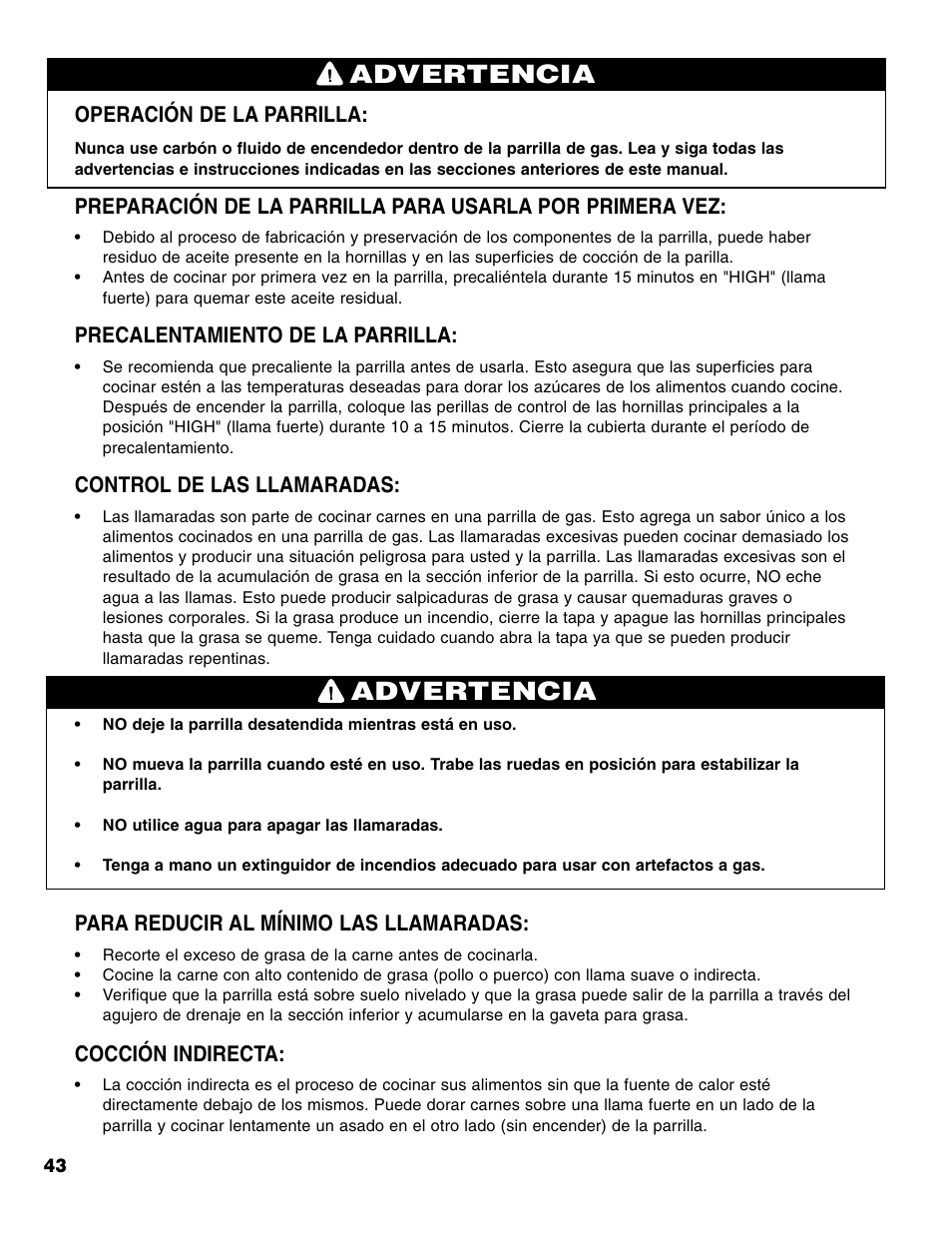 Advertencia, Operación de la parrilla, Precalentamiento de la parrilla | Control de las llamaradas, Para reducir al mínimo las llamaradas, Cocción indirecta | Brinkmann Stainless Steel 4 Burner Gas Grill User Manual | Page 44 / 64