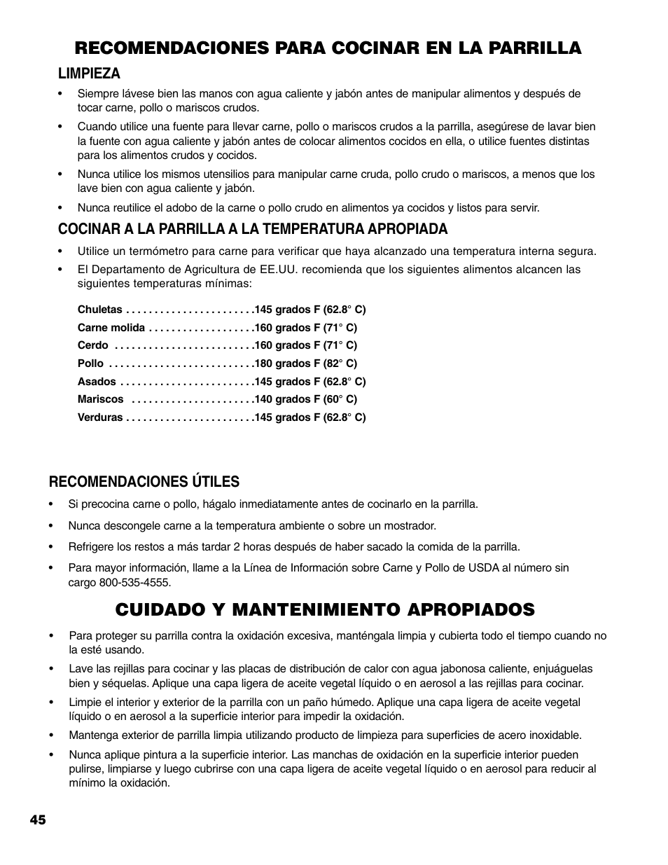 Recomendaciones para cocinar en la parrilla, Cuidado y mantenimiento apropiados, Limpieza | Cocinar a la parrilla a la temperatura apropiada, Recomendaciones útiles | Brinkmann Stainless Steel 4 Burner Gas Grill User Manual | Page 46 / 64