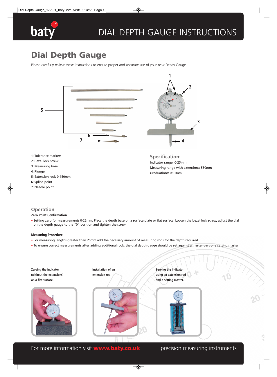 Bowers Group Baty - Dial Depth Gauge User Manual | 1 page