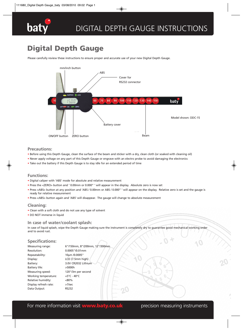 Bowers Group Baty - Digital Depth Caliper User Manual | 2 pages