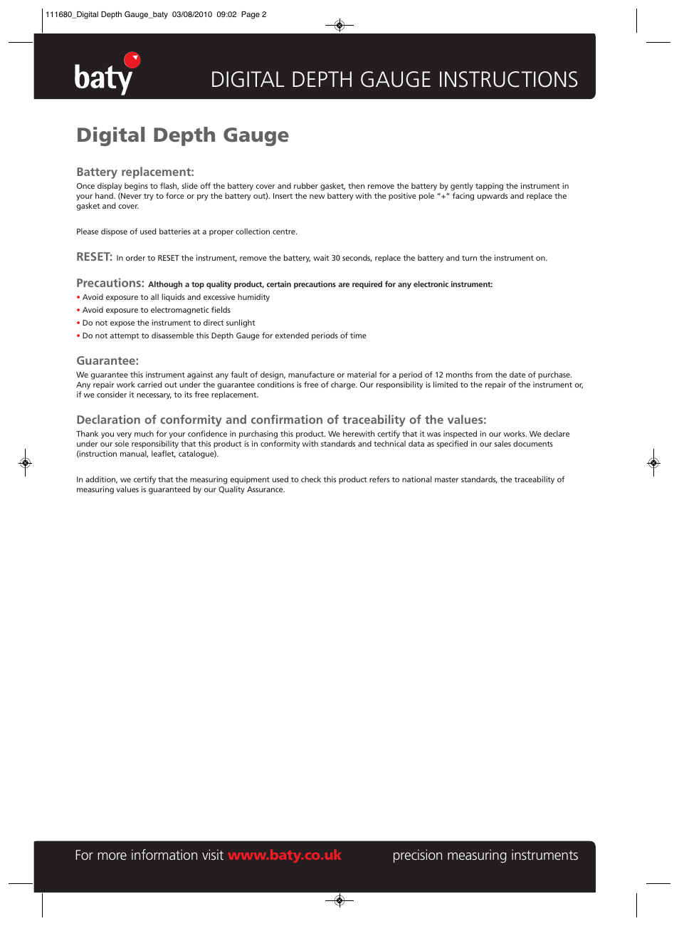 Digital depth gauge instructions, Digital depth gauge | Bowers Group Baty - Digital Depth Caliper User Manual | Page 2 / 2