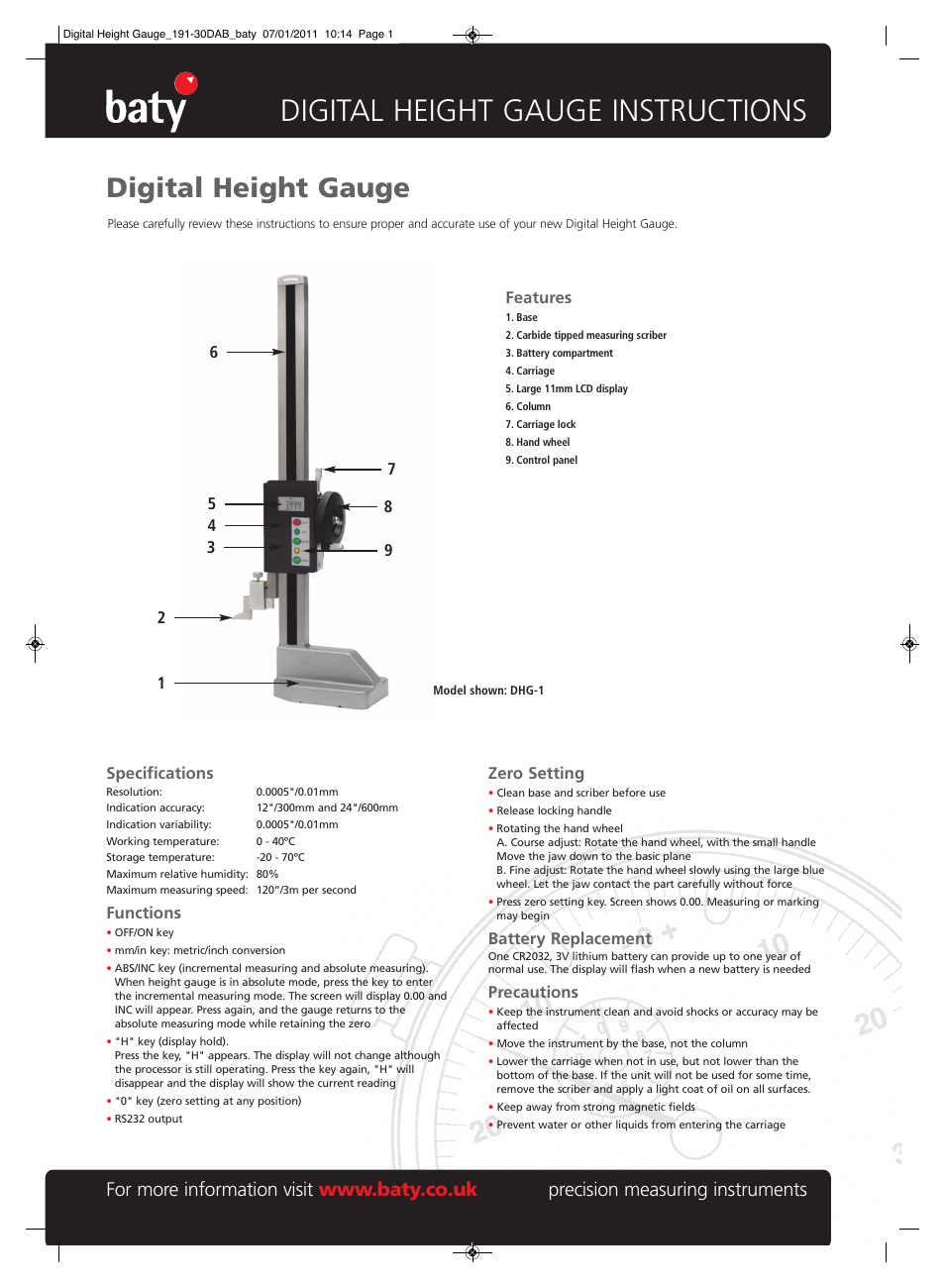 Bowers Group Baty - Heavy Duty Digital Height Gauge User Manual | 1 page