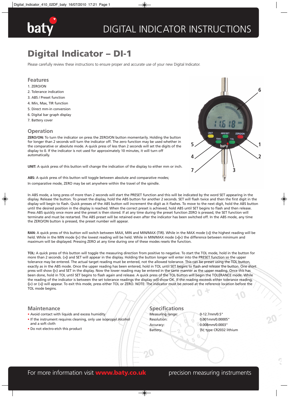 Bowers Group Baty - Digital Indicator - DI-1 User Manual | 1 page