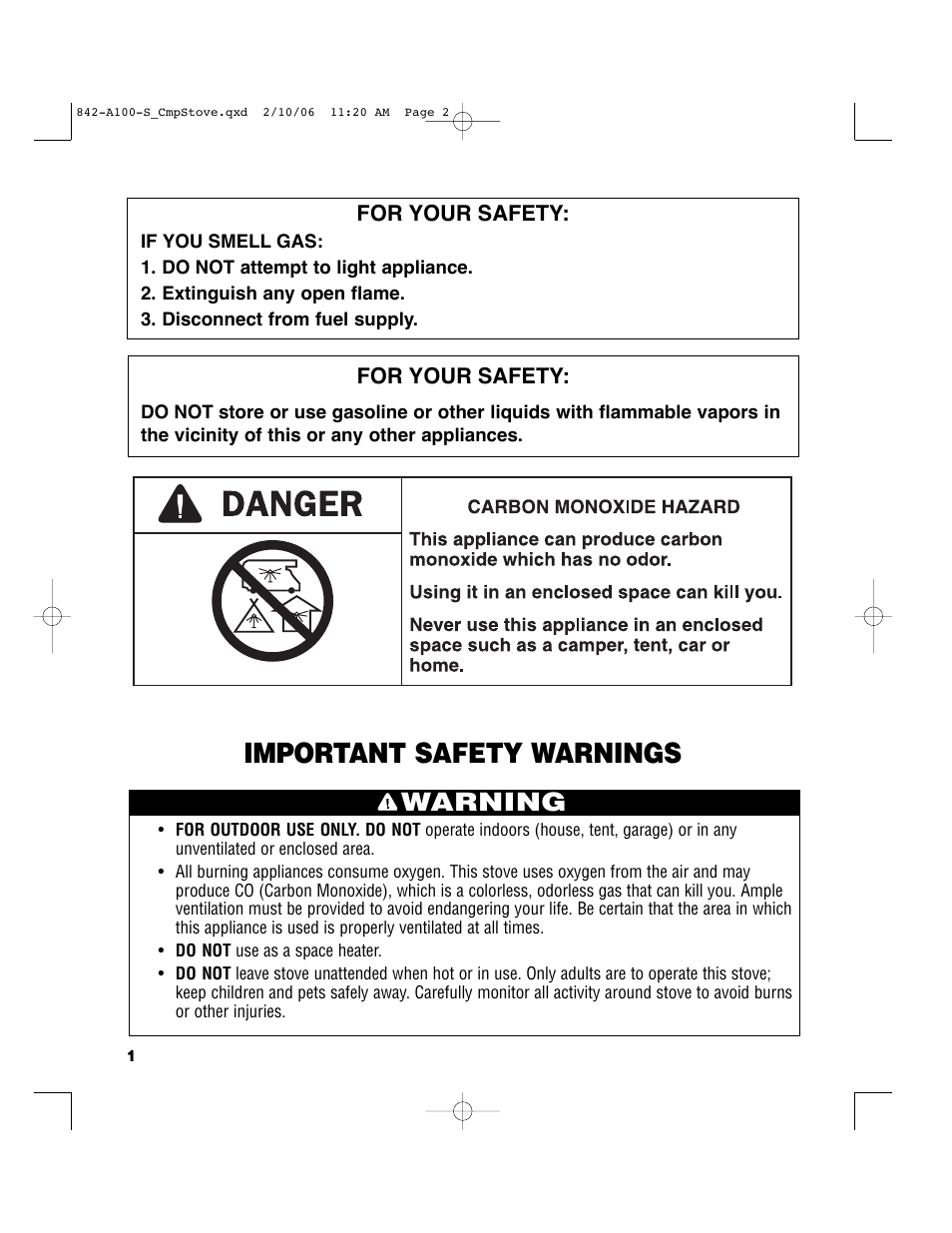 Important safety warnings, Warning | Brinkmann 842-A100-S User Manual | Page 2 / 8