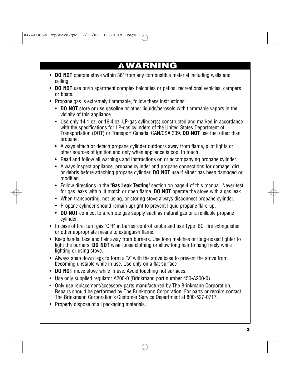 Warning | Brinkmann 842-A100-S User Manual | Page 3 / 8