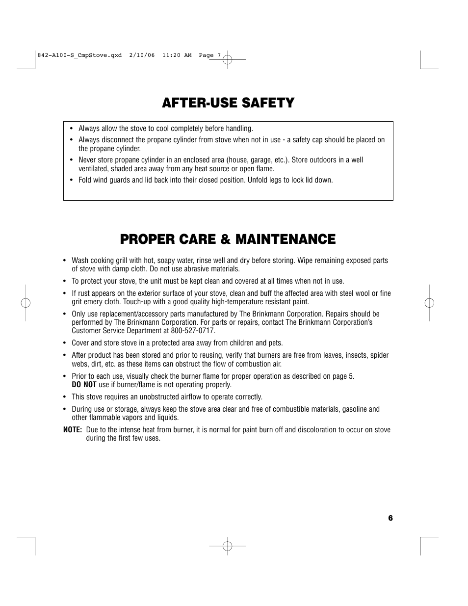 After-use safety, Proper care & maintenance | Brinkmann 842-A100-S User Manual | Page 7 / 8