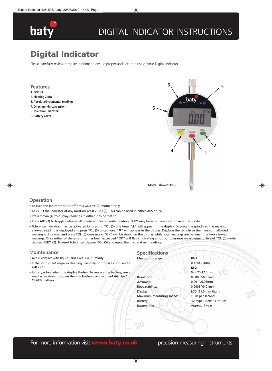 Bowers Group Baty - Digital Indicator - DI-2/3 User Manual | 1 page