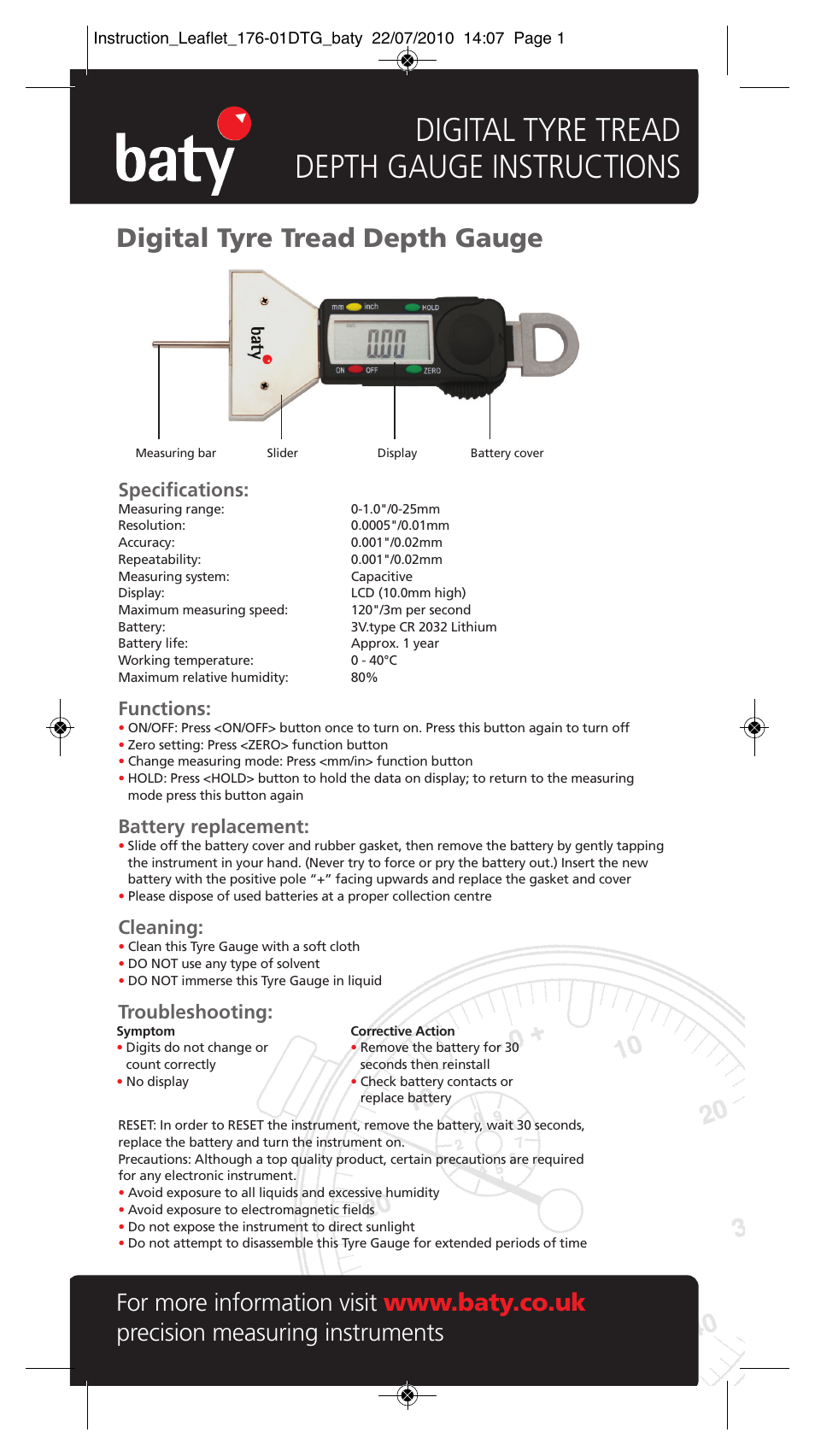 Bowers Group Baty - Digital Tyre Tread Depth Gauge User Manual | 1 page