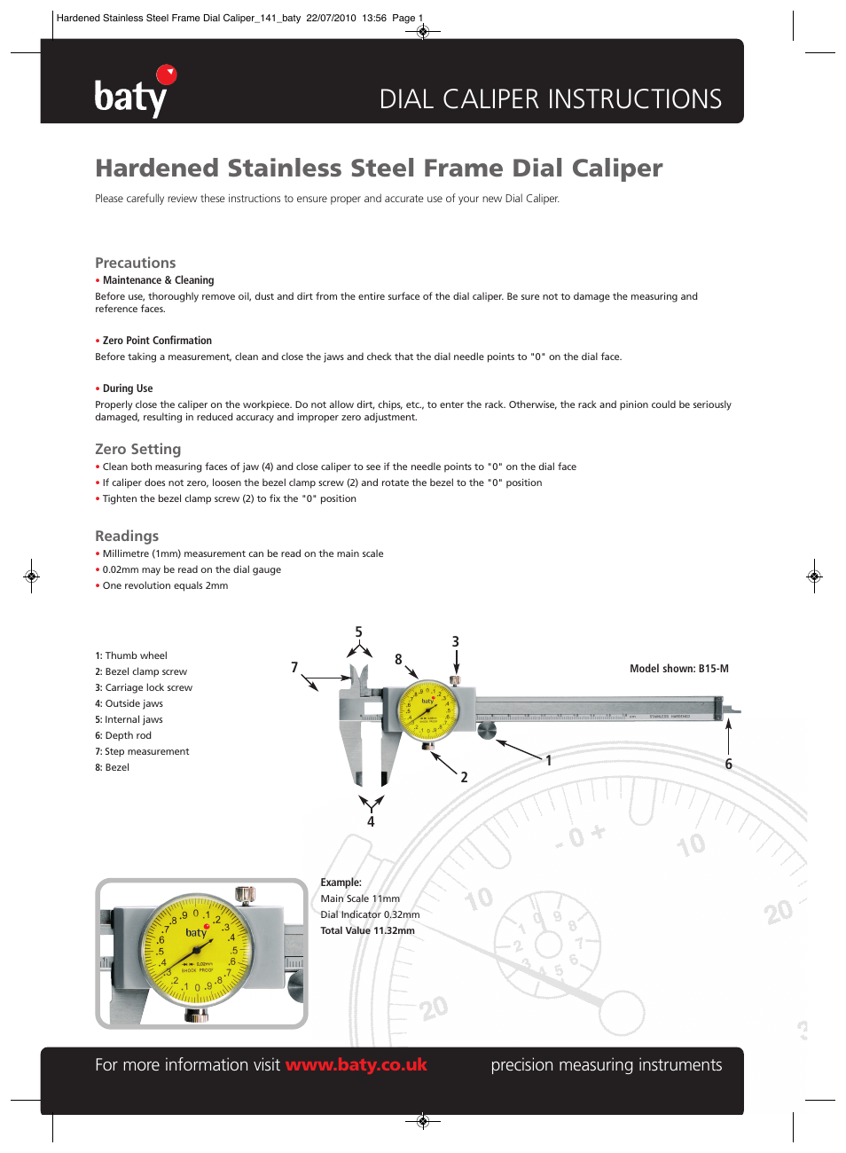 Bowers Group Baty - Hardened Stainless Steel Frame Dial Caliper User Manual | 1 page