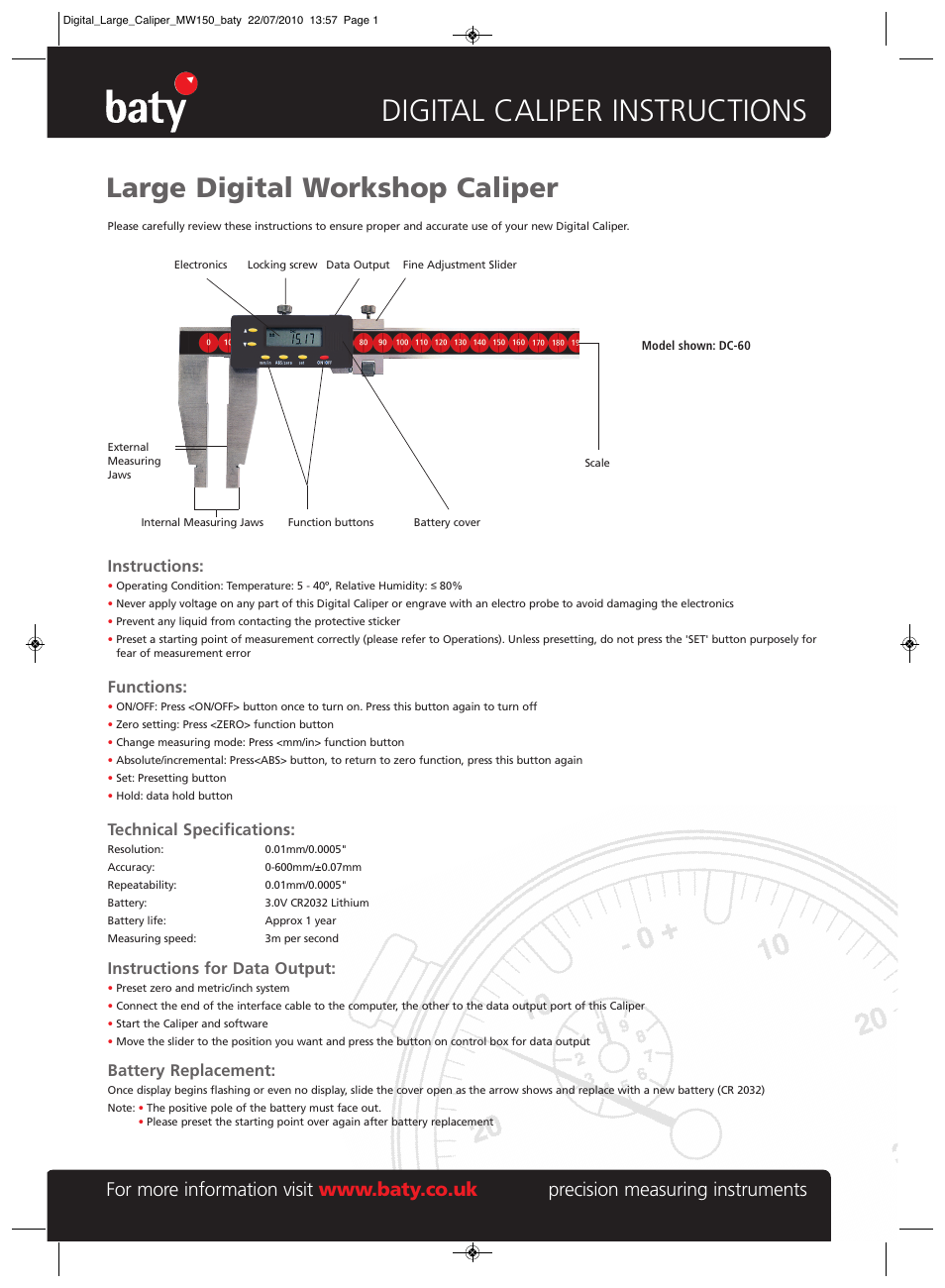 Bowers Group Baty - Large Digital Workshop Caliper - DC-60 User Manual | 2 pages