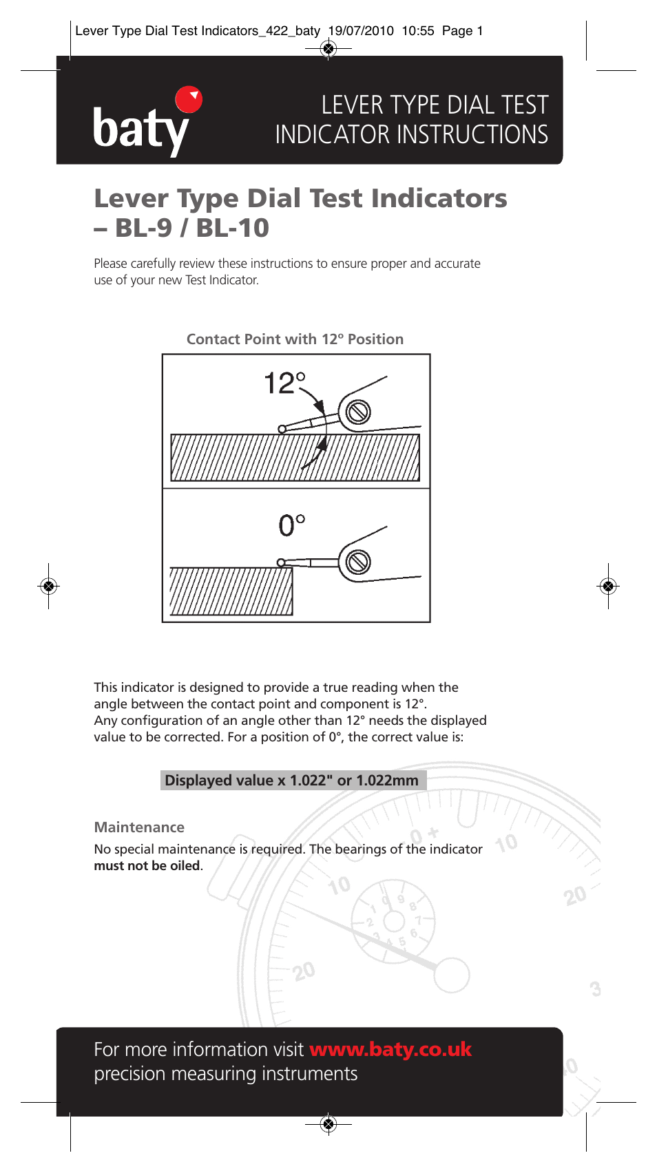 Bowers Group Baty - Lever Type Dial Test Indicator BL-9 / BL-10 User Manual | 1 page