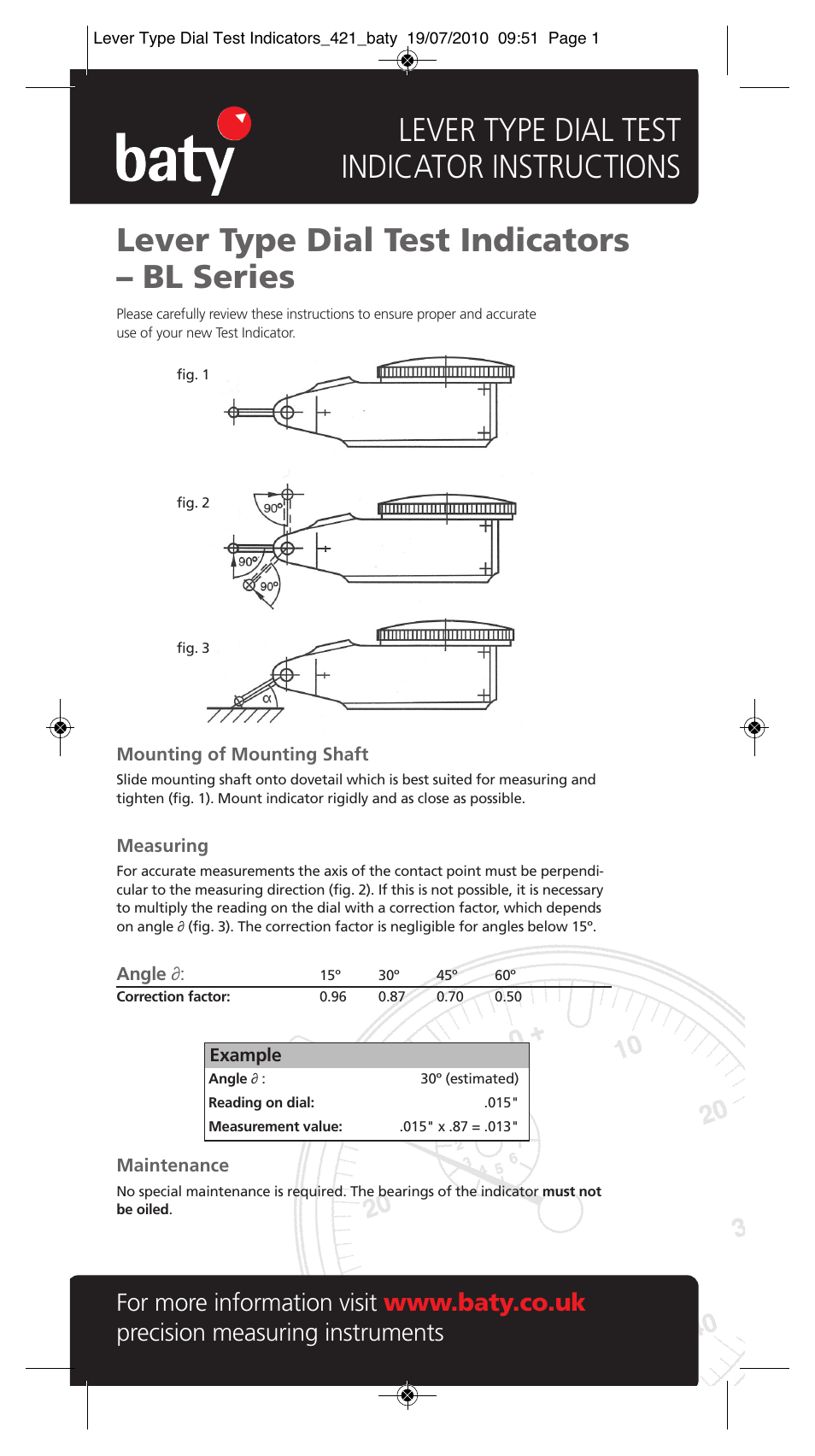 Bowers Group Baty - Lever Type Dial Test Indicator BL Series User Manual | 1 page