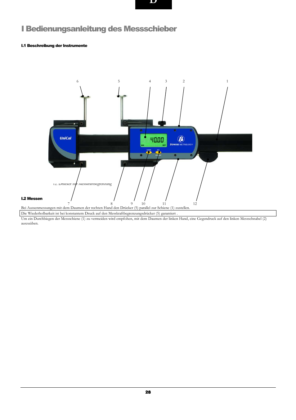 I bedienungsanleitung des messschieber | Bowers Group UniCal Universal Digital Caliper User Manual | Page 28 / 72