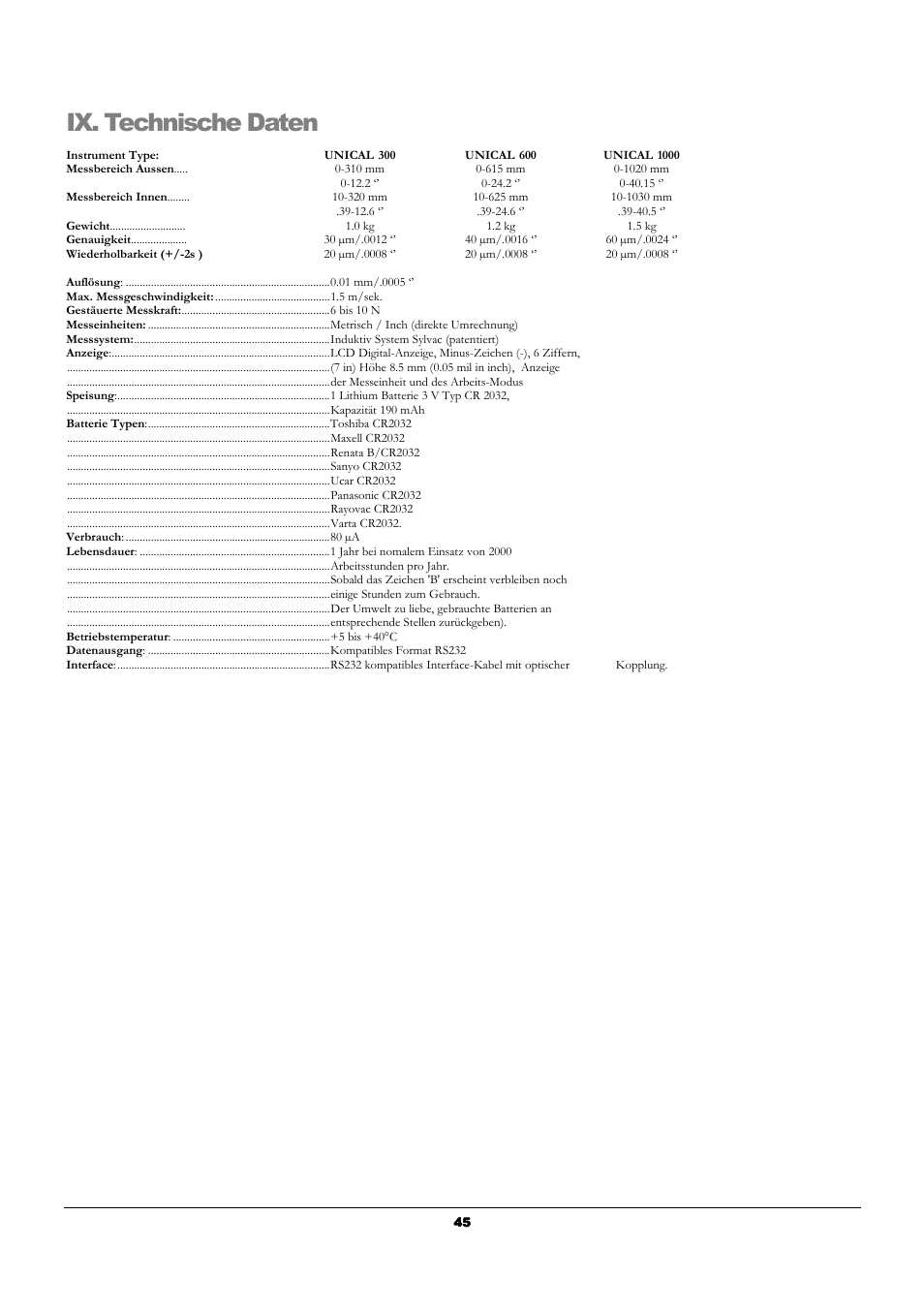 Ix. technische daten | Bowers Group UniCal Universal Digital Caliper User Manual | Page 45 / 72