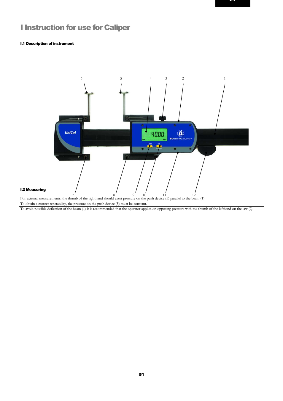 I instruction for use for caliper | Bowers Group UniCal Universal Digital Caliper User Manual | Page 51 / 72