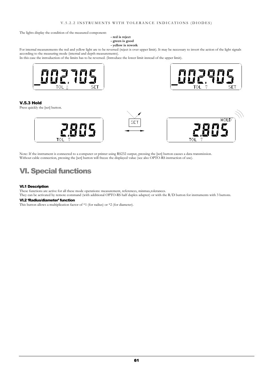Vi. special functions | Bowers Group UniCal Universal Digital Caliper User Manual | Page 61 / 72