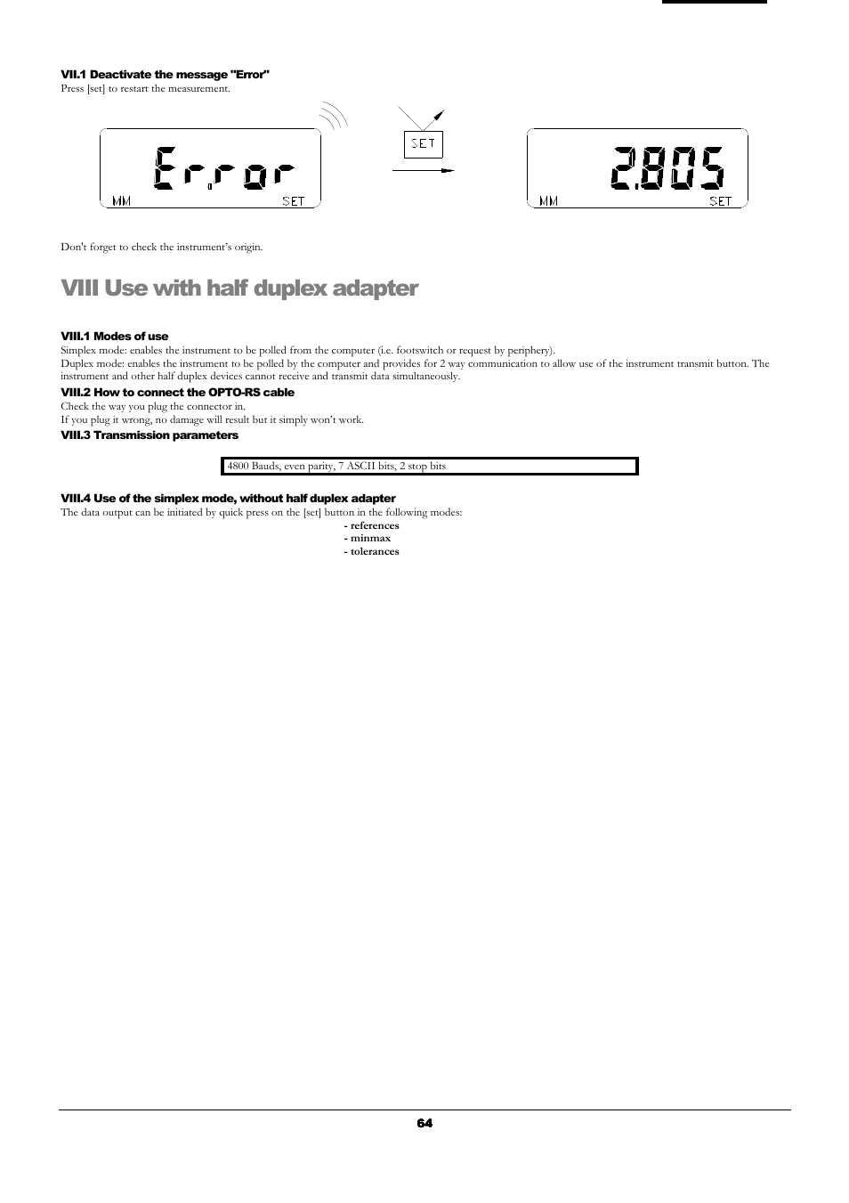 Viii use with half duplex adapter | Bowers Group UniCal Universal Digital Caliper User Manual | Page 64 / 72