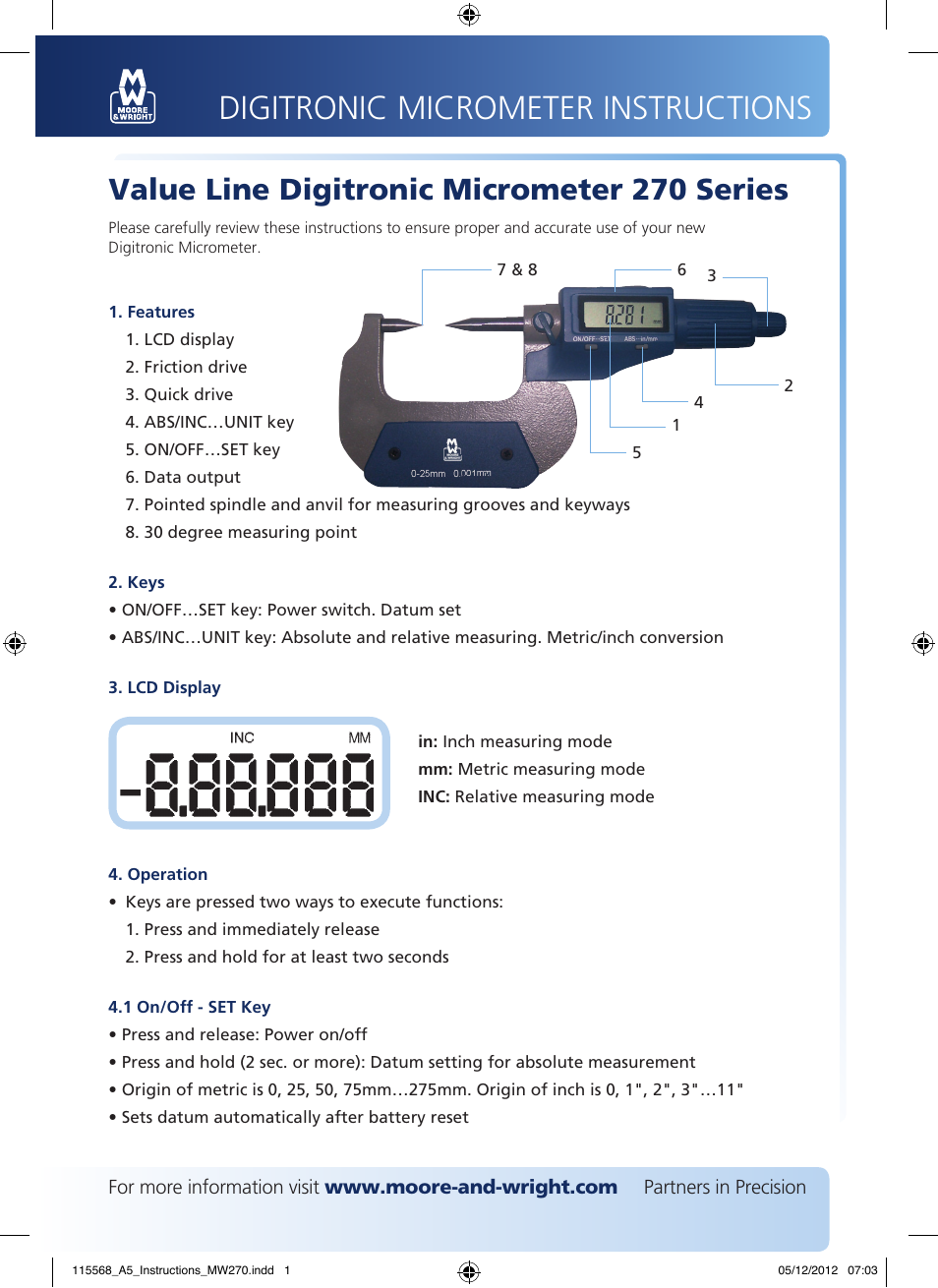 Bowers Group M&W Value Line Digitronic Micrometer 270 Series User Manual | 2 pages