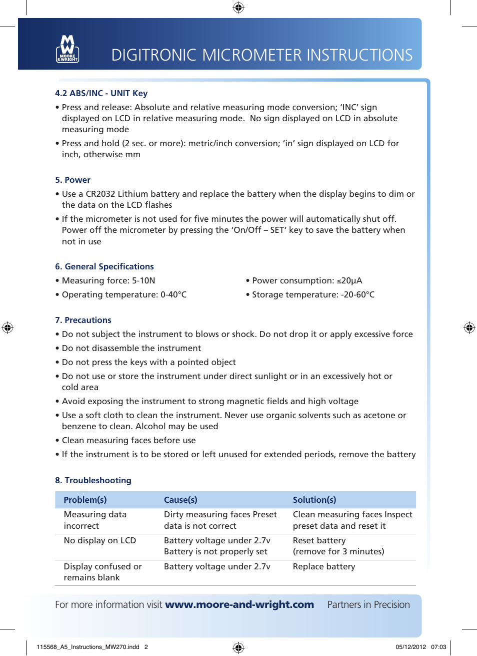 Digitronic micrometer instructions | Bowers Group M&W Value Line Digitronic Micrometer 270 Series User Manual | Page 2 / 2