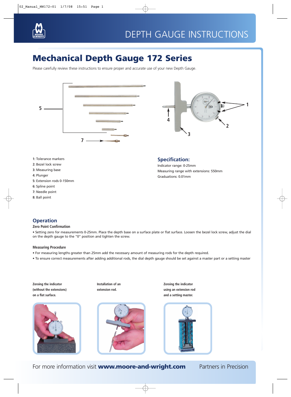 Bowers Group M&W Mechanical Depth Gauge 172 Series User Manual | 1 page