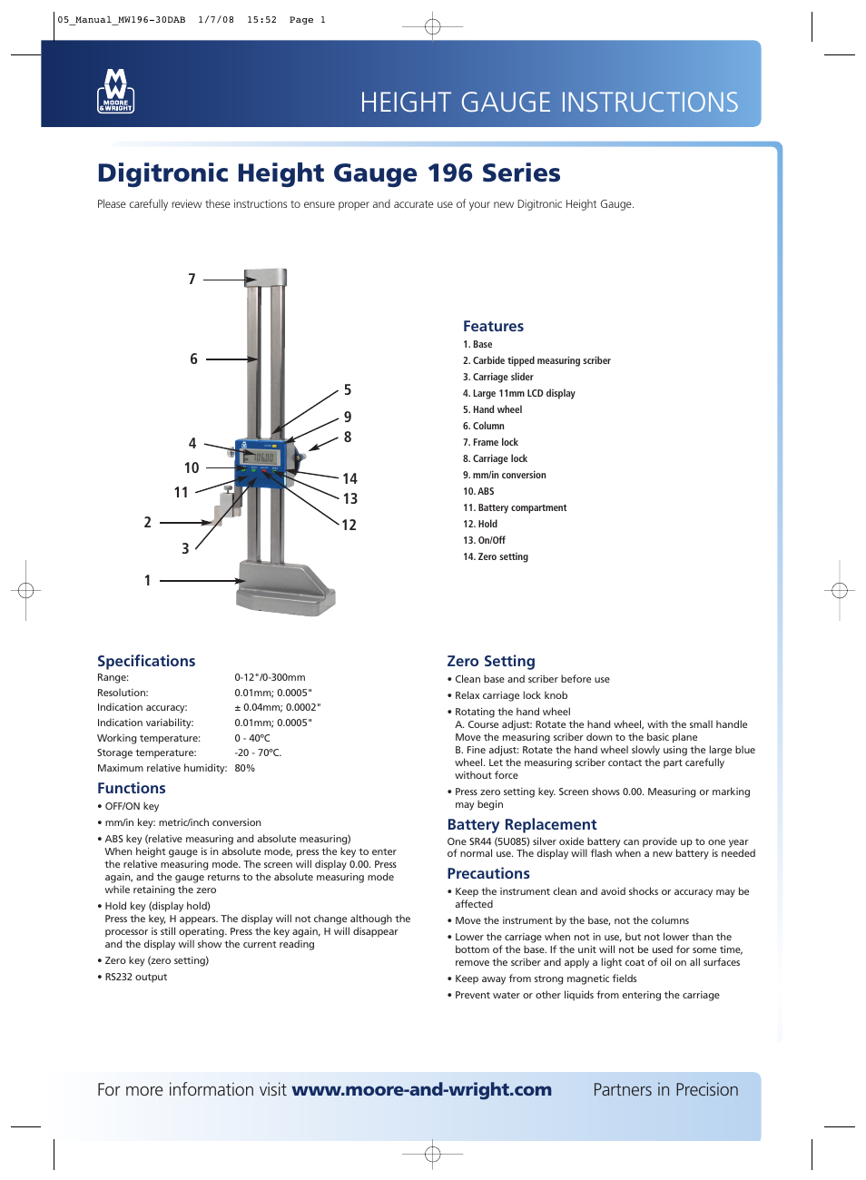 Bowers Group M&W Digitronic Height Gauge 196 Series User Manual | 1 page