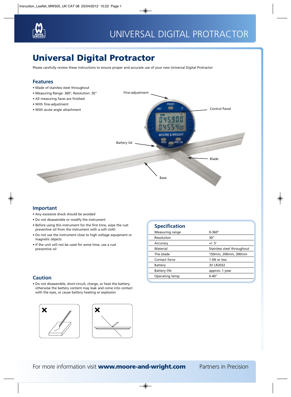Bowers Group M&W Universal Digital Protractor User Manual | 2 pages