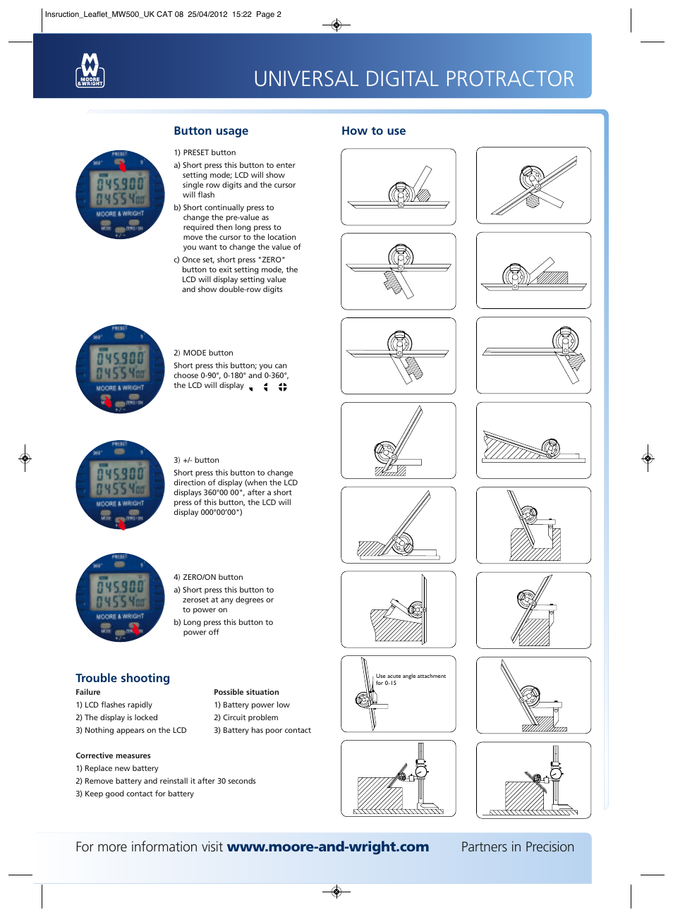Universal digital protractor, Button usage how to use, Trouble shooting | Bowers Group M&W Universal Digital Protractor User Manual | Page 2 / 2