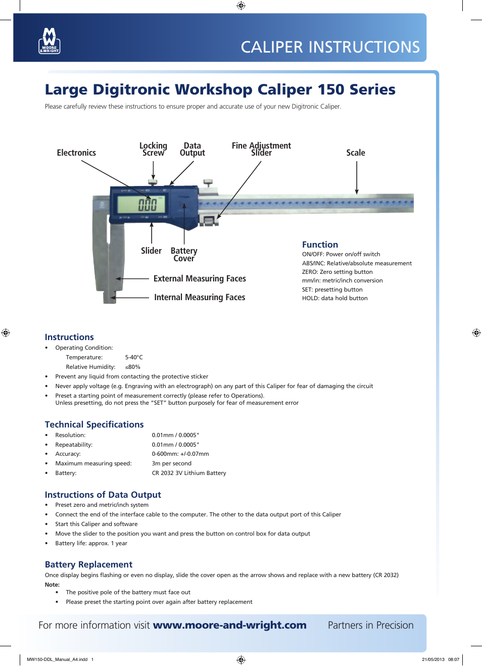 Bowers Group M&W Large Digitronic Workshop Caliper 150 Series User Manual | 2 pages