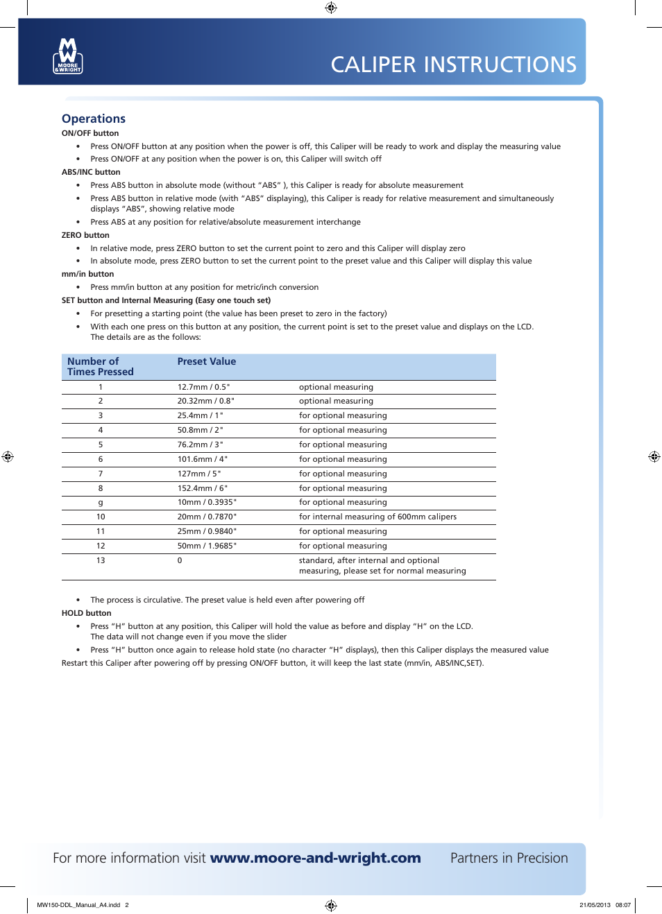 Caliper instructions, Operations | Bowers Group M&W Large Digitronic Workshop Caliper 150 Series User Manual | Page 2 / 2