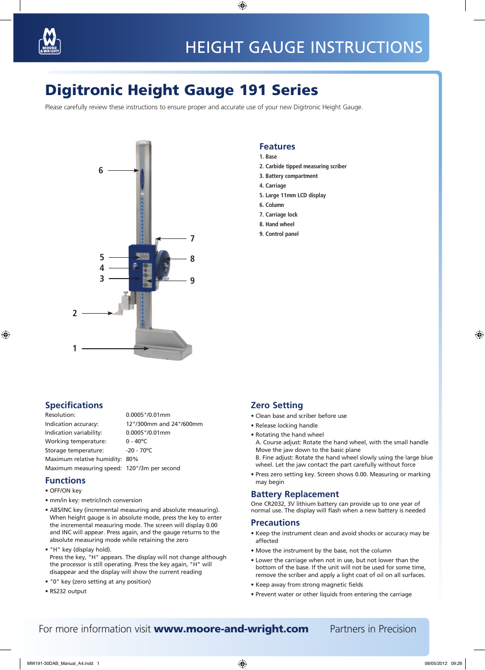 Bowers Group M&W Digitronic Height Gauge 191 Series User Manual | 1 page