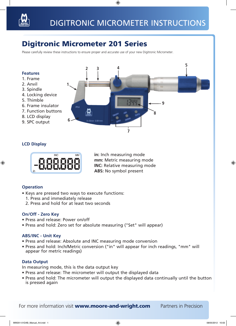 Bowers Group M&W Digitronic Micrometer 201 Series User Manual | 2 pages