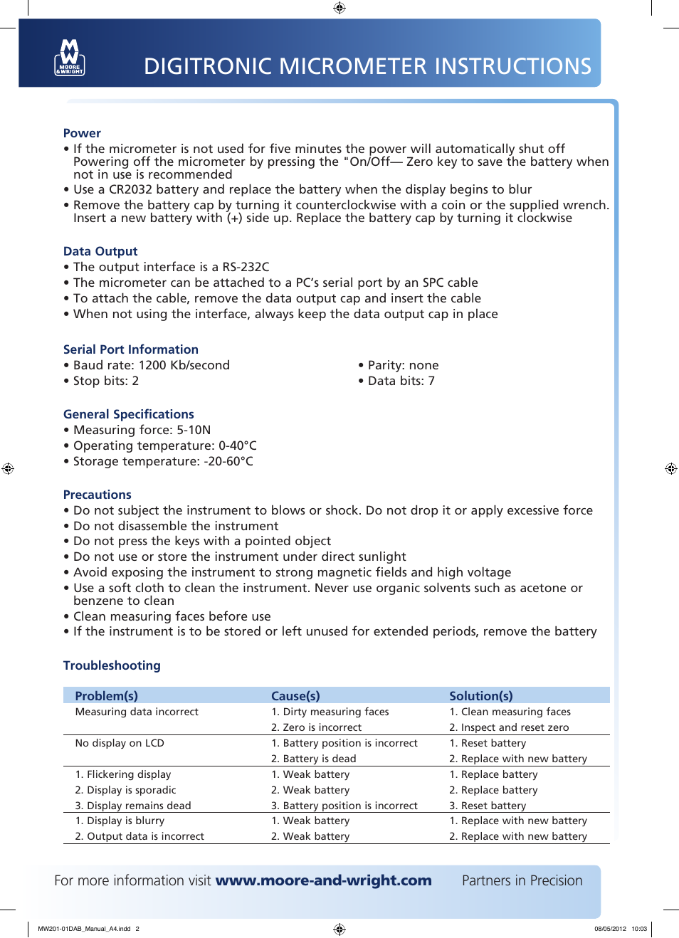 Digitronic micrometer instructions | Bowers Group M&W Digitronic Micrometer 201 Series User Manual | Page 2 / 2