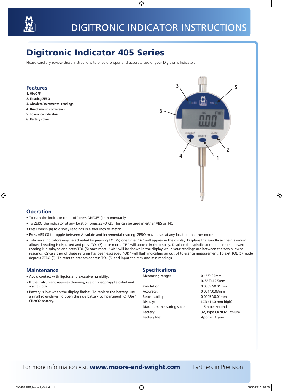 Bowers Group M&W Digitronic Indicator 405 Series User Manual | 1 page