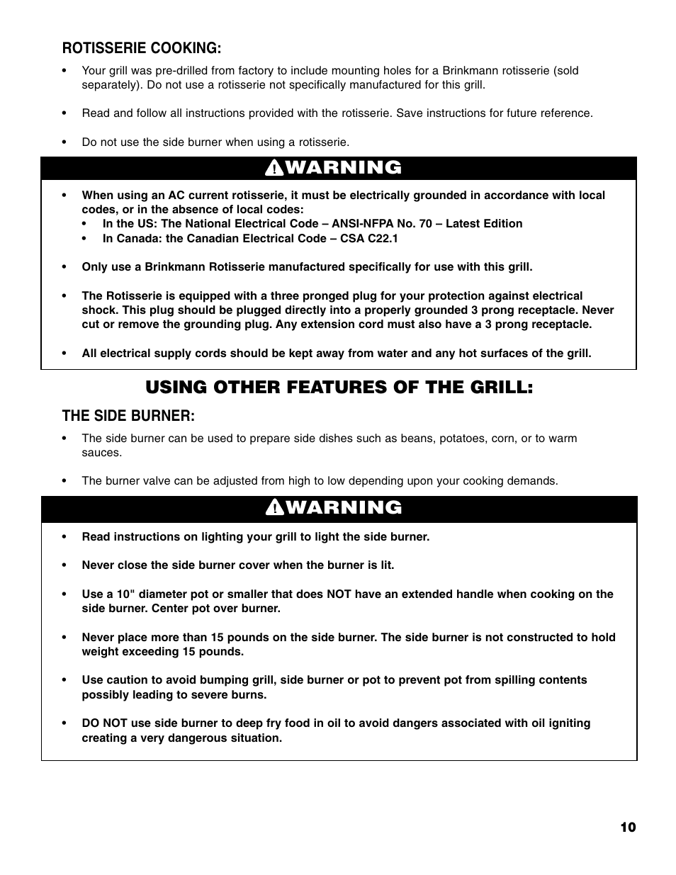 Warning, Using other features of the grill, Rotisserie cooking | The side burner | Brinkmann Series 2630 User Manual | Page 11 / 28