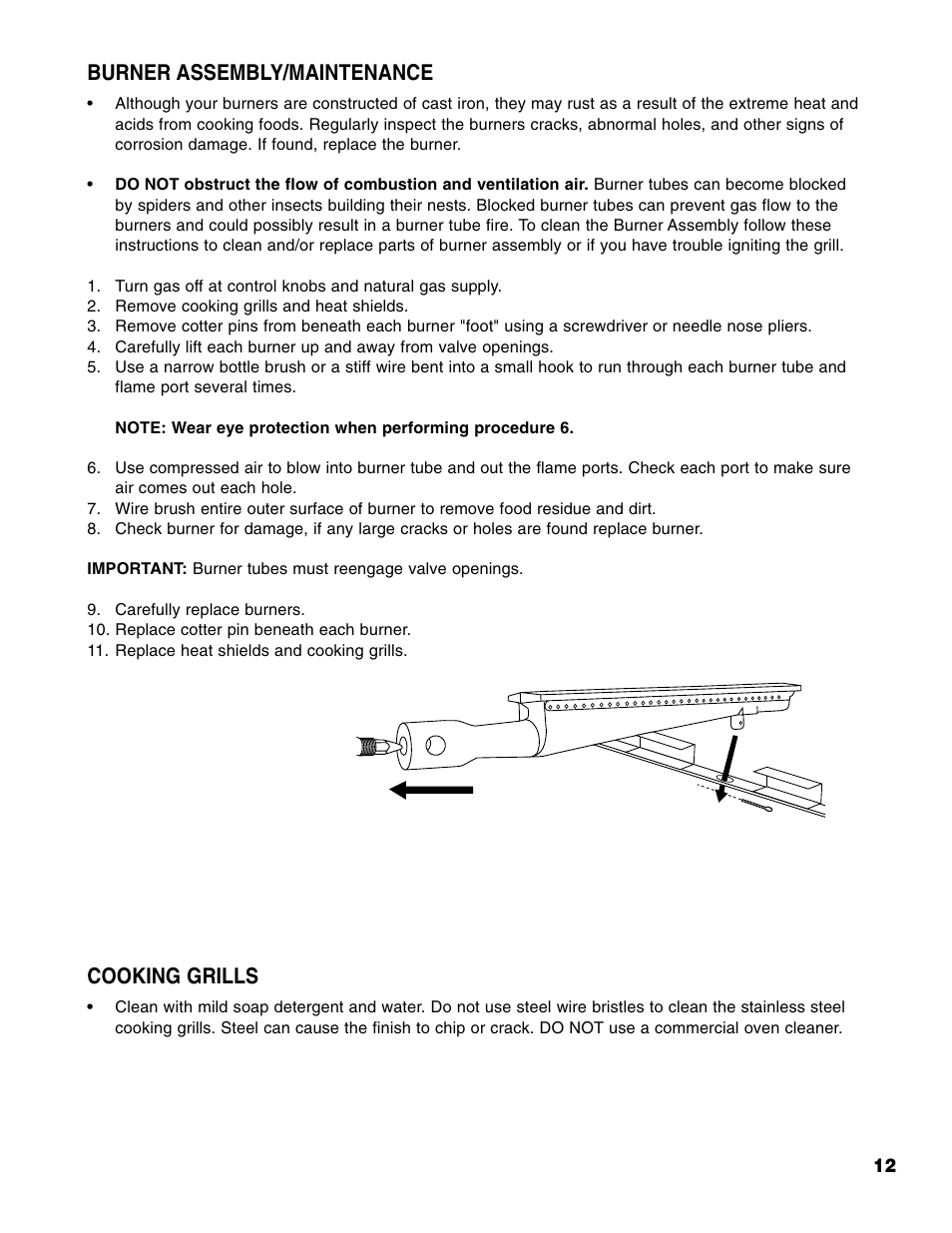 Burner assembly/maintenance, Cooking grills | Brinkmann Series 2630 User Manual | Page 13 / 28