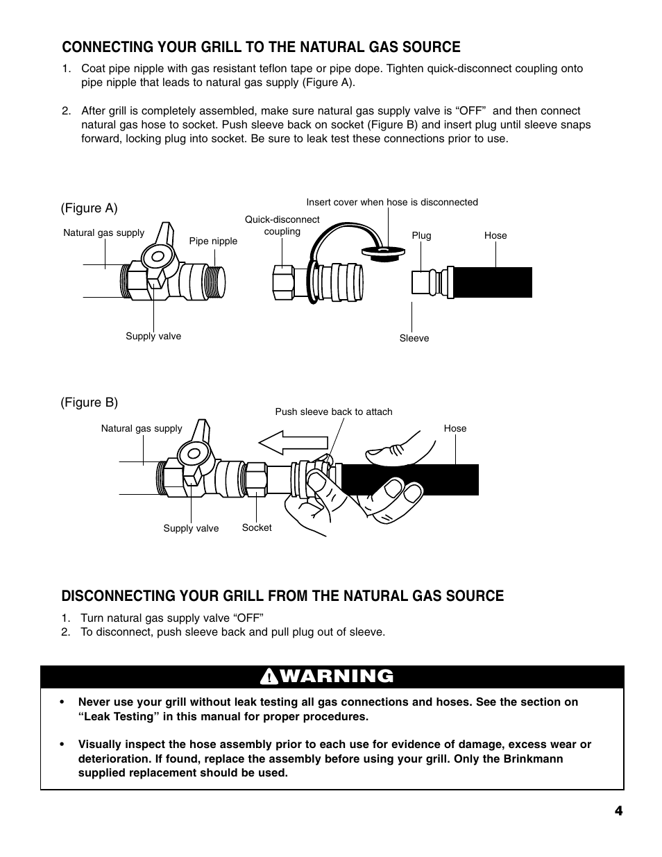 Warning, Connecting your grill to the natural gas source | Brinkmann Series 2630 User Manual | Page 5 / 28