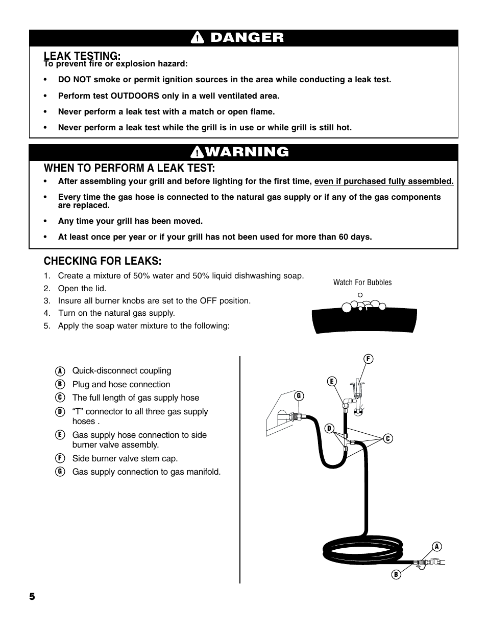 Warning, Danger, Leak testing | When to perform a leak test, Checking for leaks | Brinkmann Series 2630 User Manual | Page 6 / 28