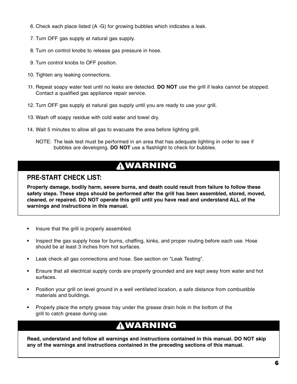 Warning, Pre-start check list | Brinkmann Series 2630 User Manual | Page 7 / 28