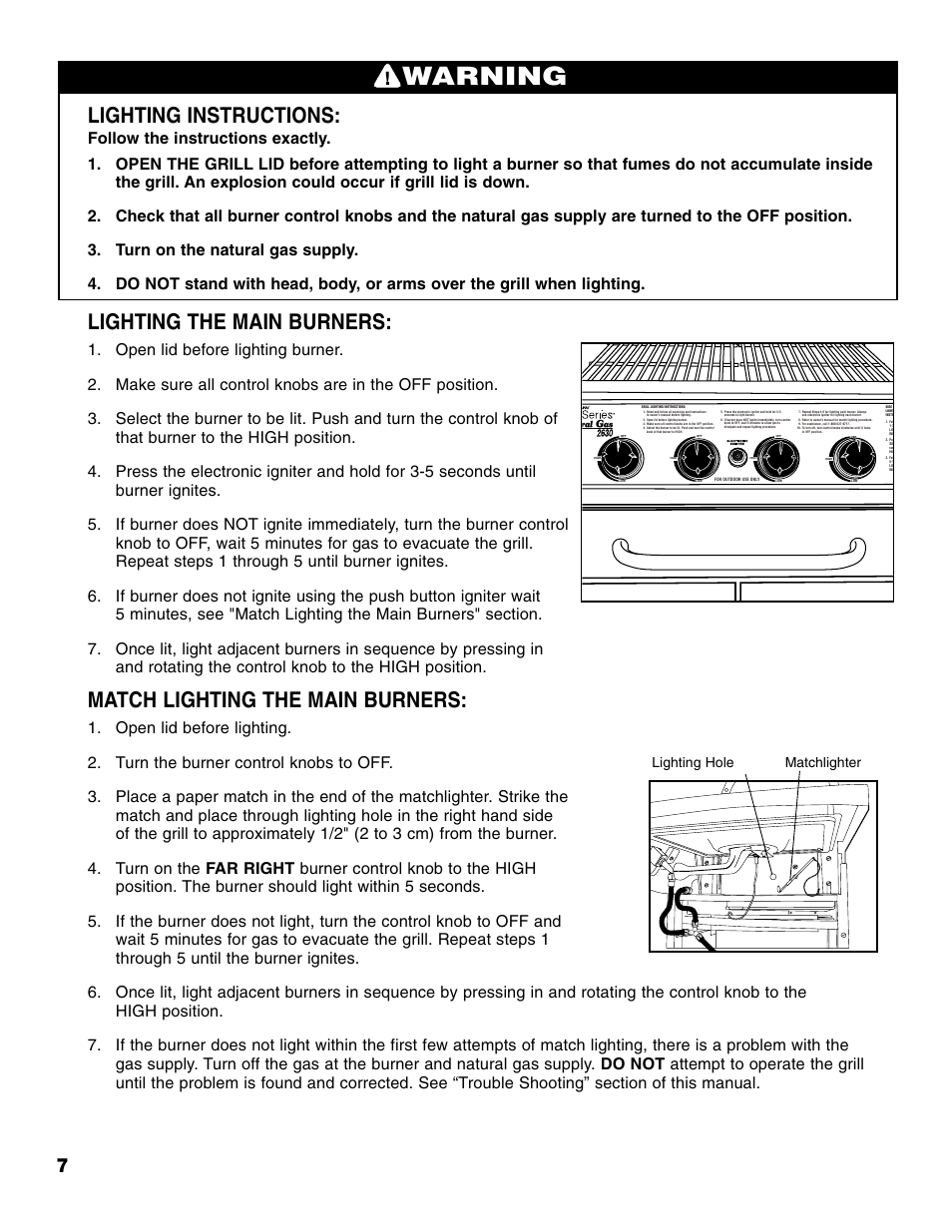 Warning, Lighting instructions, Lighting the main burners | Match lighting the main burners, Lighting hole matchlighter | Brinkmann Series 2630 User Manual | Page 8 / 28