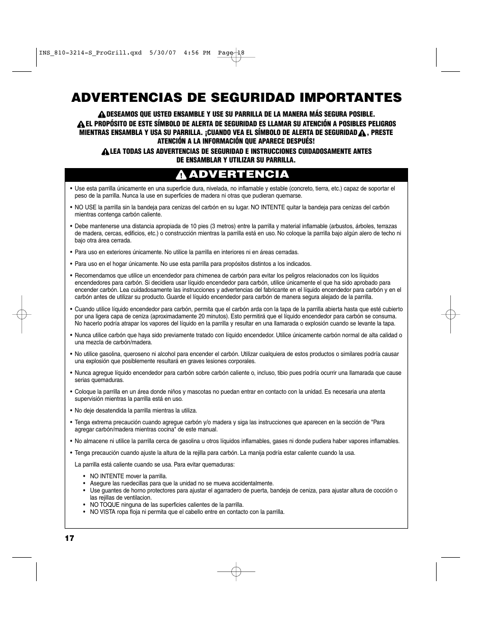 Advertencias de seguridad importantes, Advertencia | Brinkmann PROFESSIONAL STAINLESS STEEL Charcoal Grill User Manual | Page 18 / 36