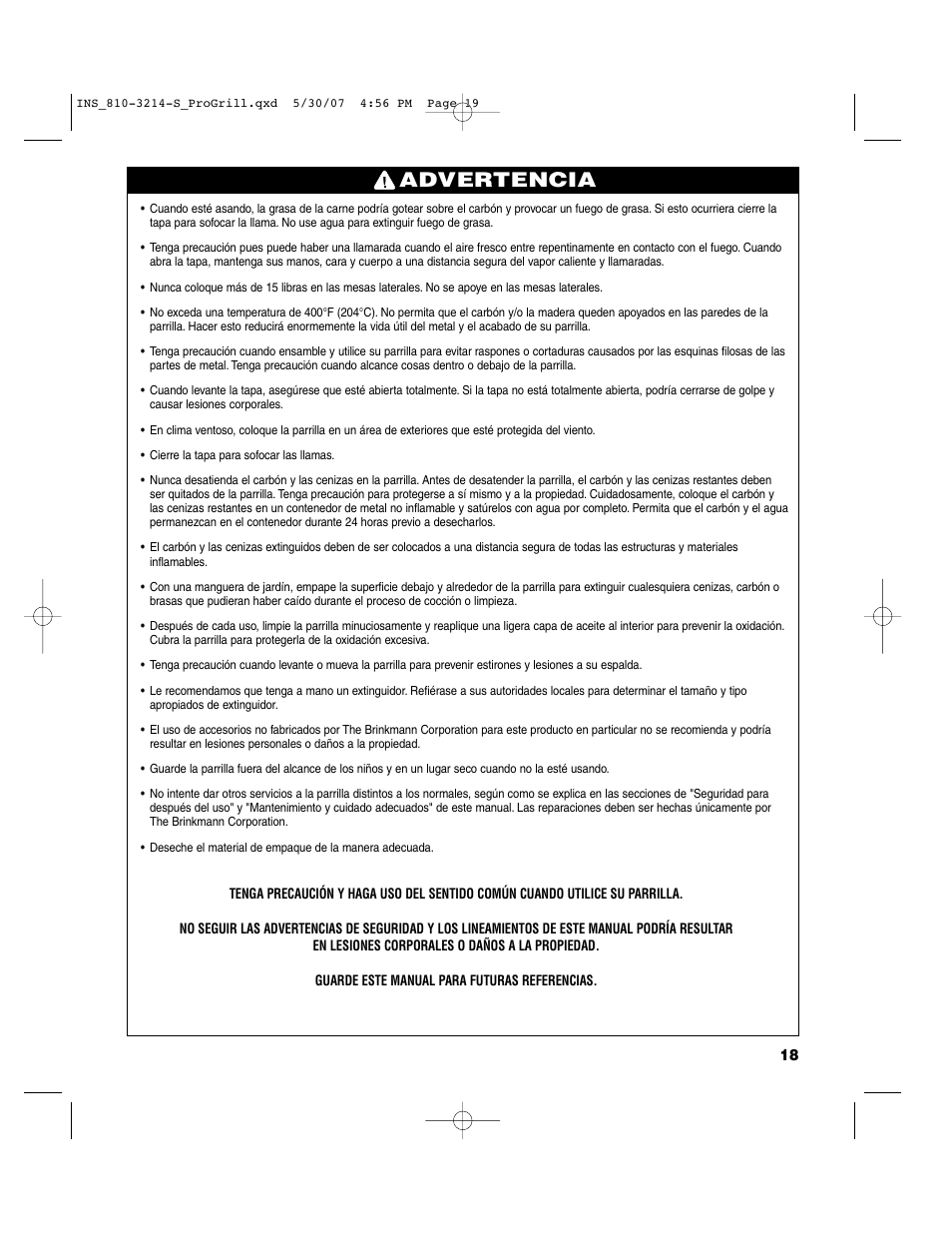 Advertencia | Brinkmann PROFESSIONAL STAINLESS STEEL Charcoal Grill User Manual | Page 19 / 36