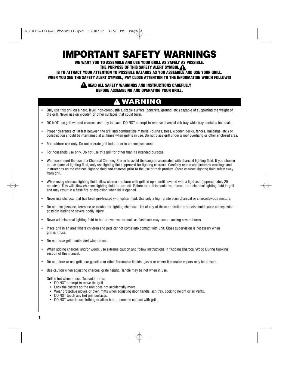 Important safety warnings, Warning | Brinkmann PROFESSIONAL STAINLESS STEEL Charcoal Grill User Manual | Page 2 / 36