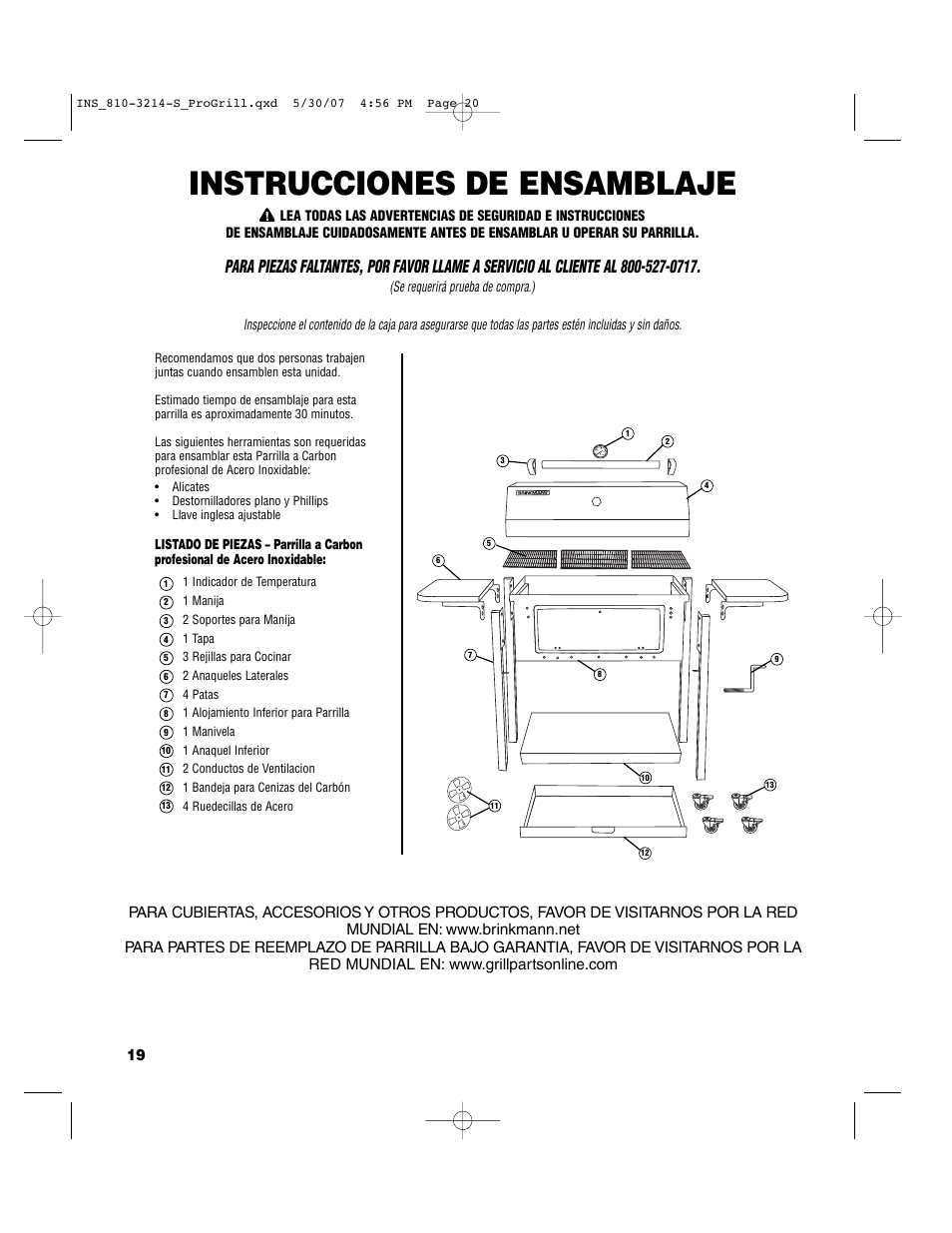 Instrucciones de ensamblaje | Brinkmann PROFESSIONAL STAINLESS STEEL Charcoal Grill User Manual | Page 20 / 36