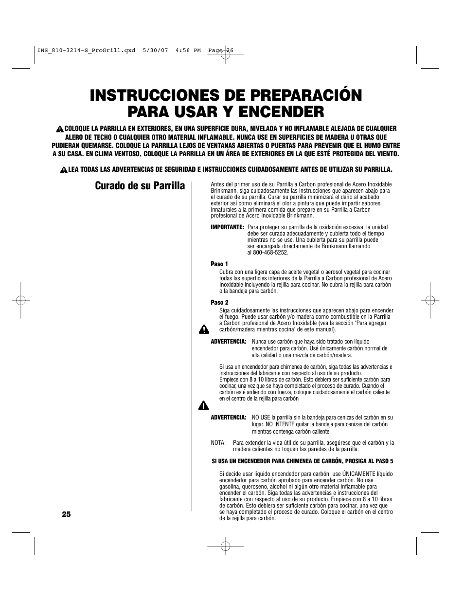 Instrucciones de preparación para usar y encender, Curado de su parrilla | Brinkmann PROFESSIONAL STAINLESS STEEL Charcoal Grill User Manual | Page 26 / 36