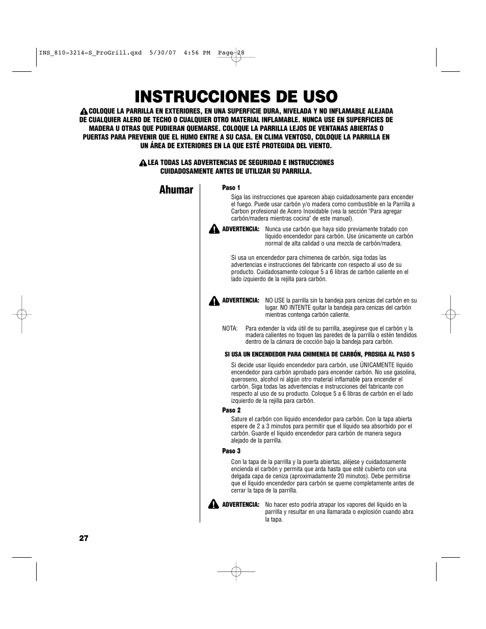 Instrucciones de uso, Ahumar | Brinkmann PROFESSIONAL STAINLESS STEEL Charcoal Grill User Manual | Page 28 / 36
