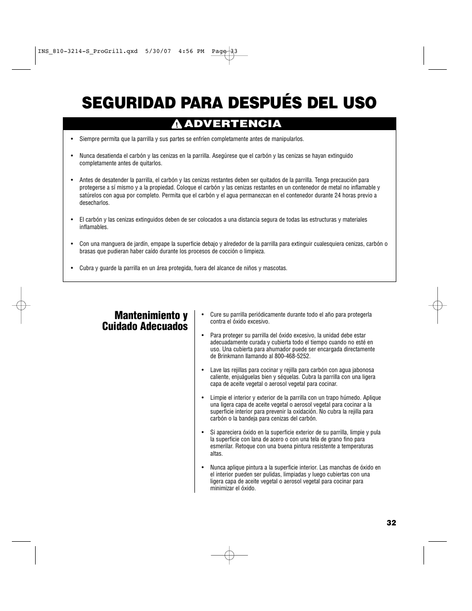 Seguridad para después del uso, Mantenimiento y cuidado adecuados, Advertencia | Brinkmann PROFESSIONAL STAINLESS STEEL Charcoal Grill User Manual | Page 33 / 36