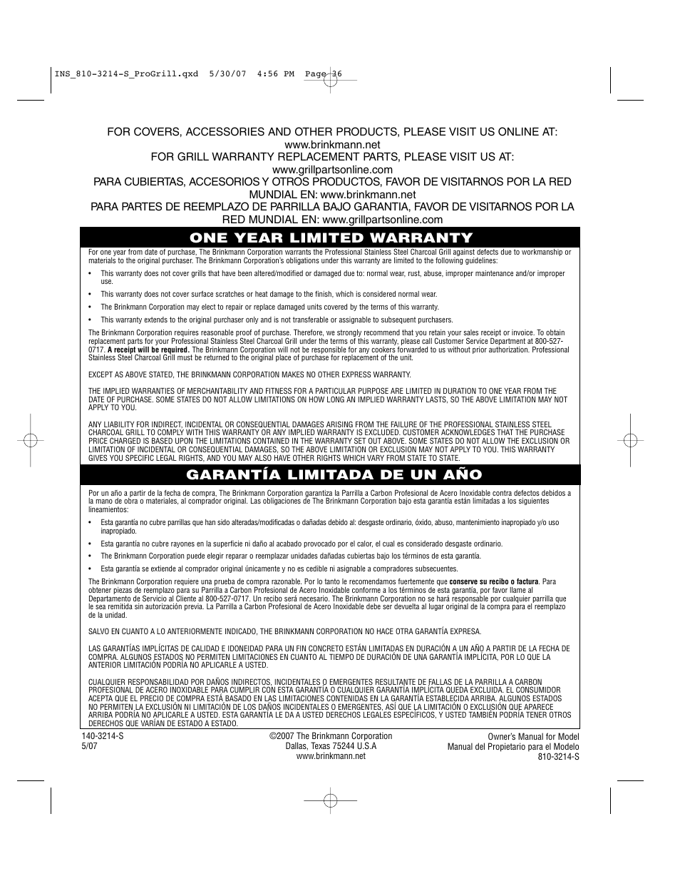 Brinkmann PROFESSIONAL STAINLESS STEEL Charcoal Grill User Manual | Page 36 / 36