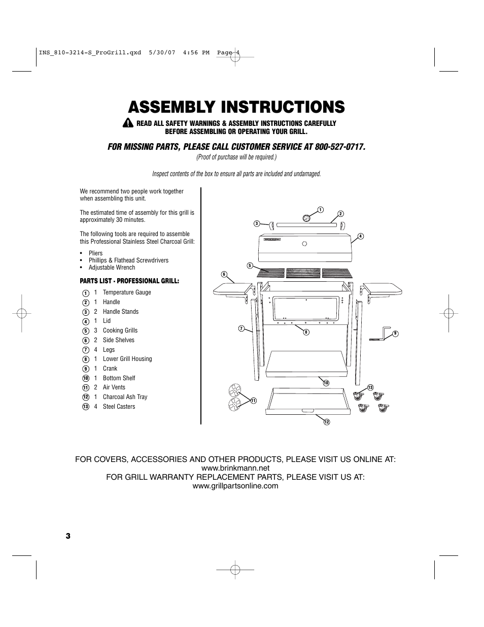 Assembly instructions | Brinkmann PROFESSIONAL STAINLESS STEEL Charcoal Grill User Manual | Page 4 / 36
