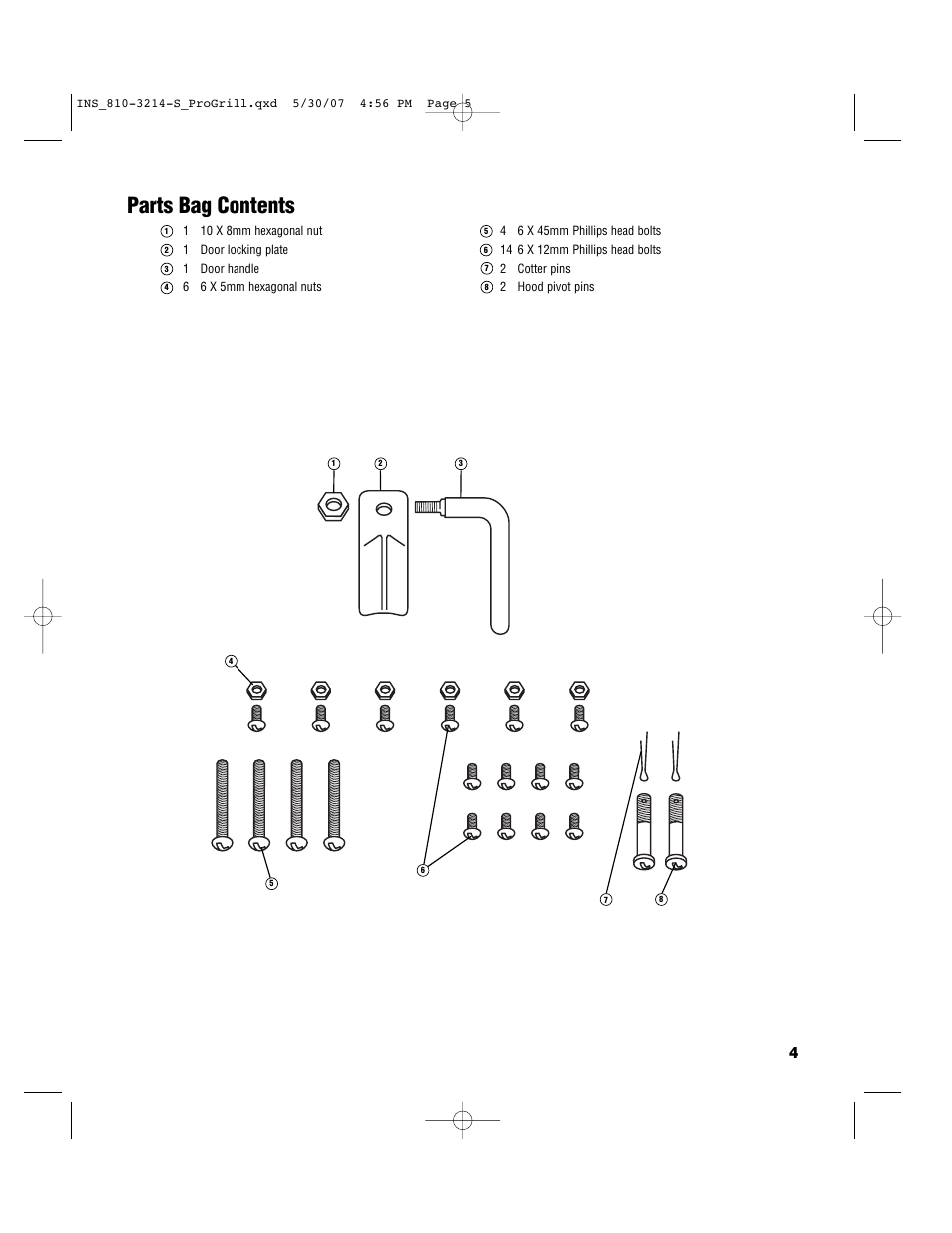 Parts bag contents | Brinkmann PROFESSIONAL STAINLESS STEEL Charcoal Grill User Manual | Page 5 / 36